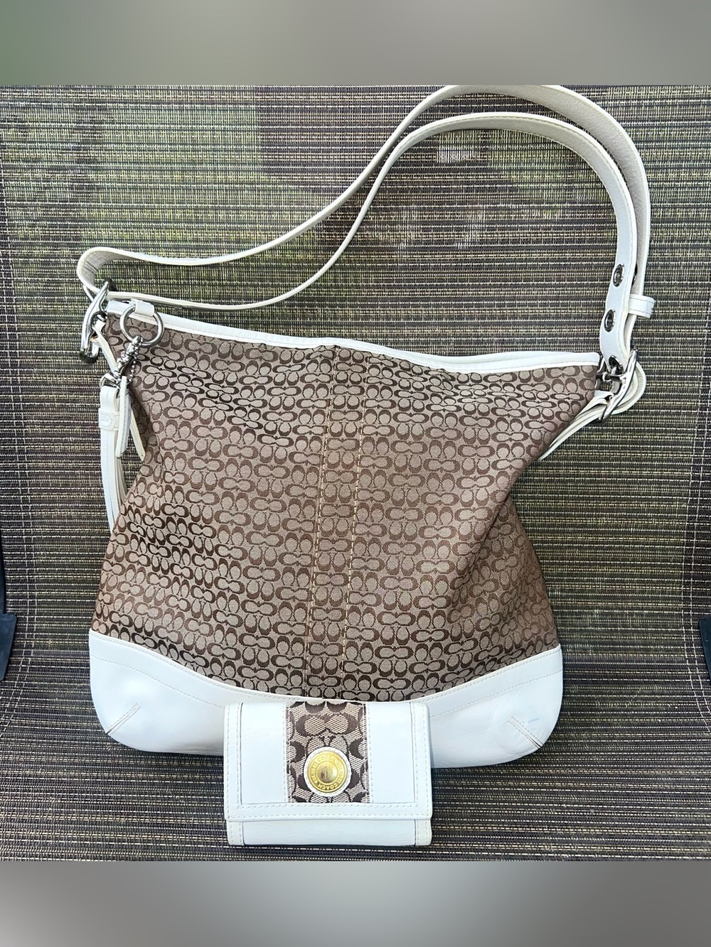 Y2K Vintage Coach F10416 Signature Monogram Jacquard Shoulder Bag White Leather